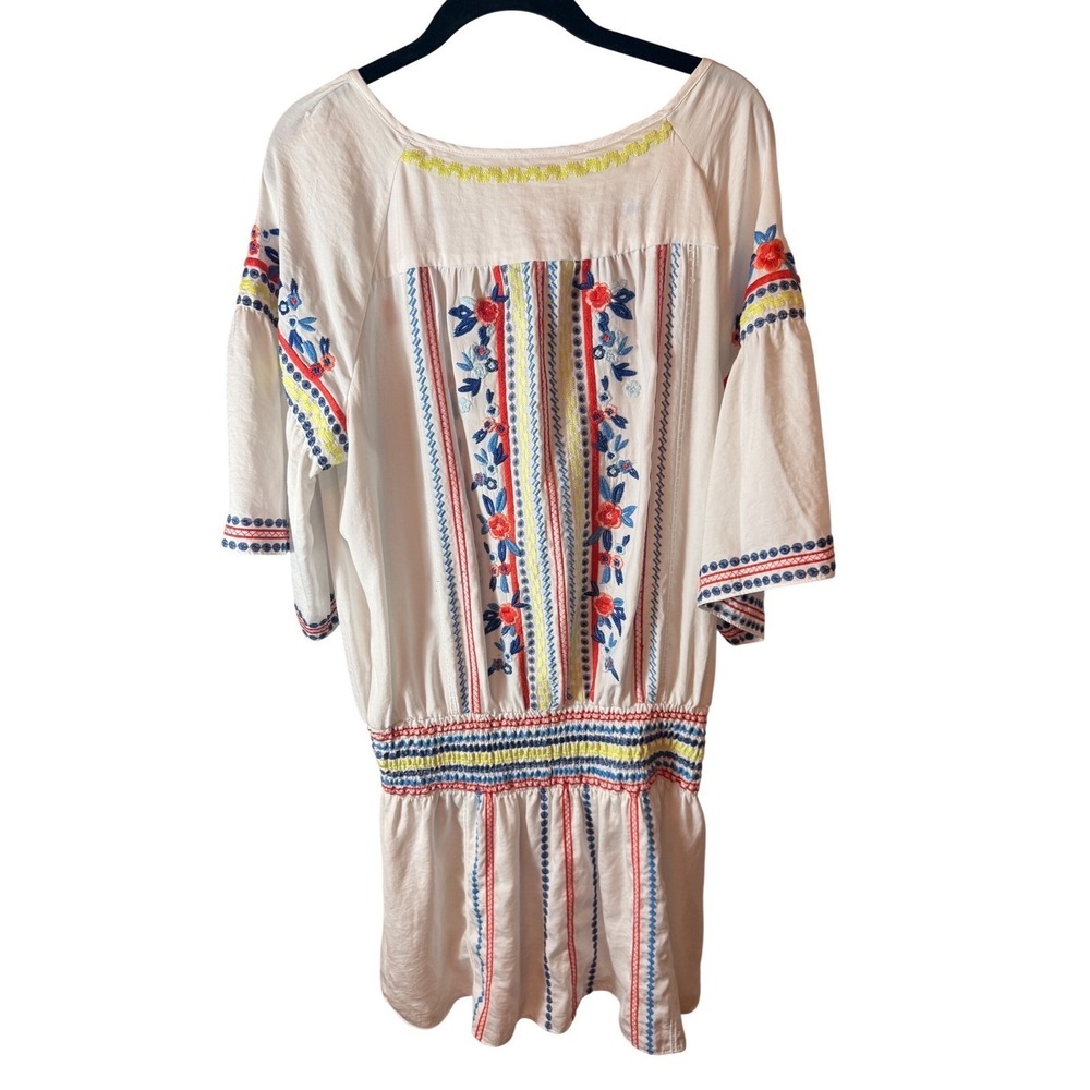 Womens White Floral Embroidered Smocked Mini dress Beach Cruise Resort Boho - Picture 3 of 6